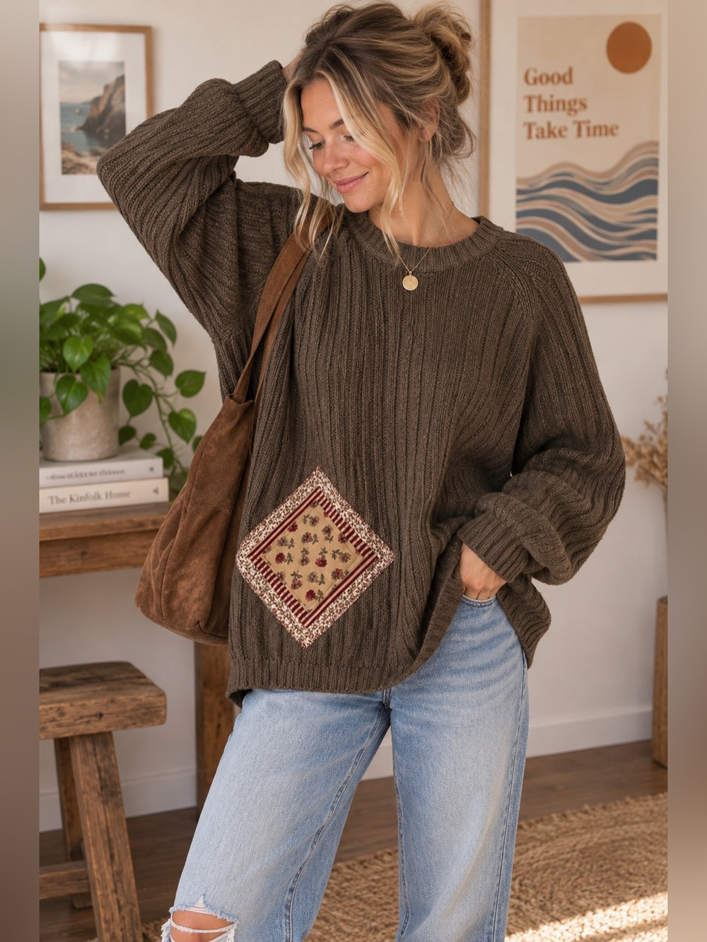 Woolrich Brown Ribbed Knit Sweater XL OOAK Patchwork Cottagecore Grandpa